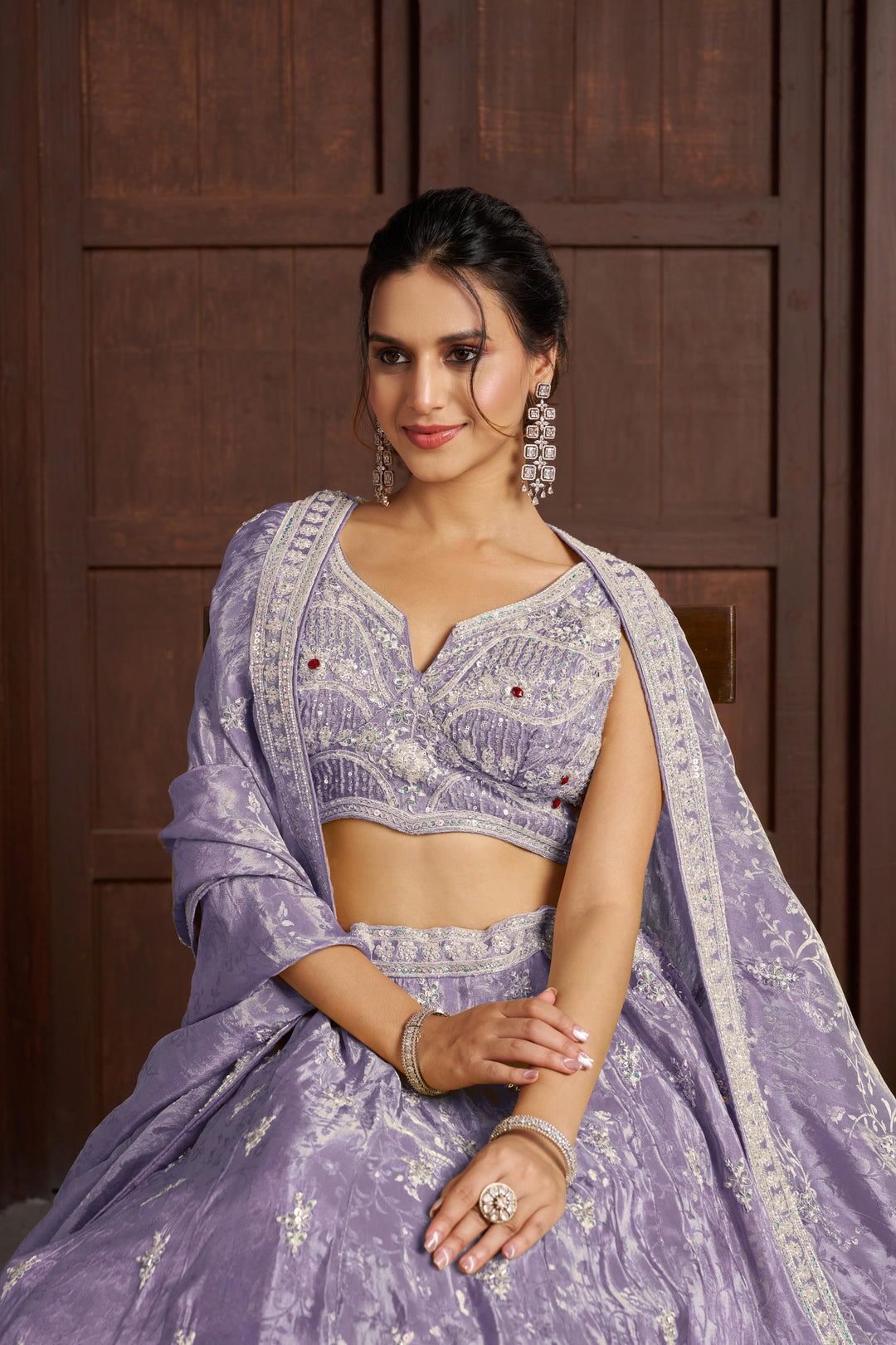 Luxurious Purple Banarasi Tissue Lehenga Adorned with Bead Embellishments | SHOBITAM