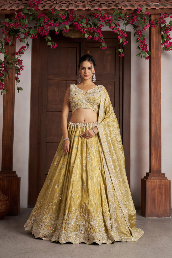 Radiant Haldi Special Lehenga in Banarasi Tissue Fabric | SHOBITAM