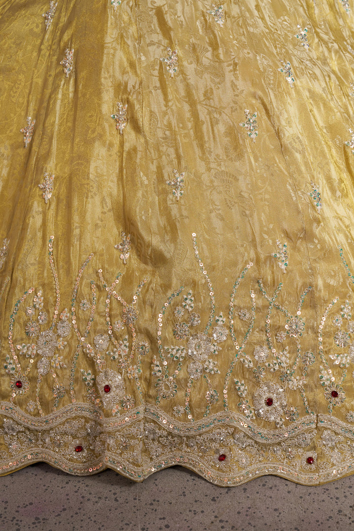 Radiant Haldi Special Lehenga in Banarasi Tissue Fabric | SHOBITAM