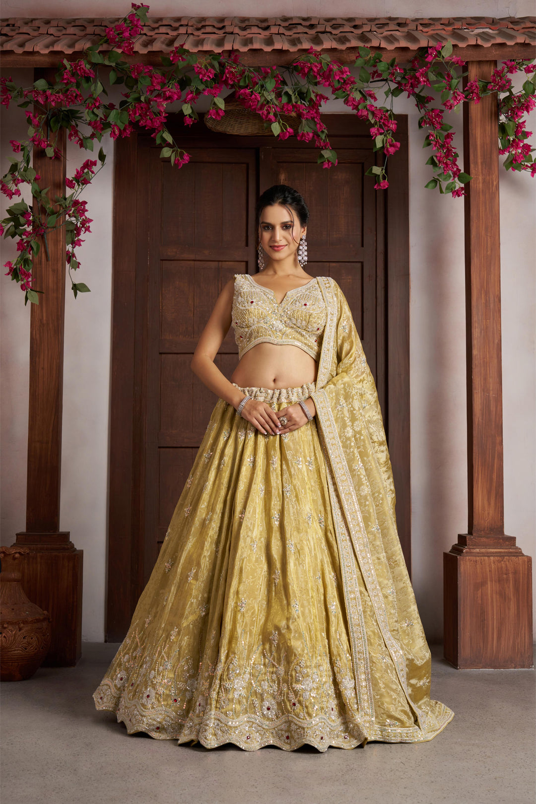 Radiant Haldi Special Lehenga in Banarasi Tissue Fabric | SHOBITAM