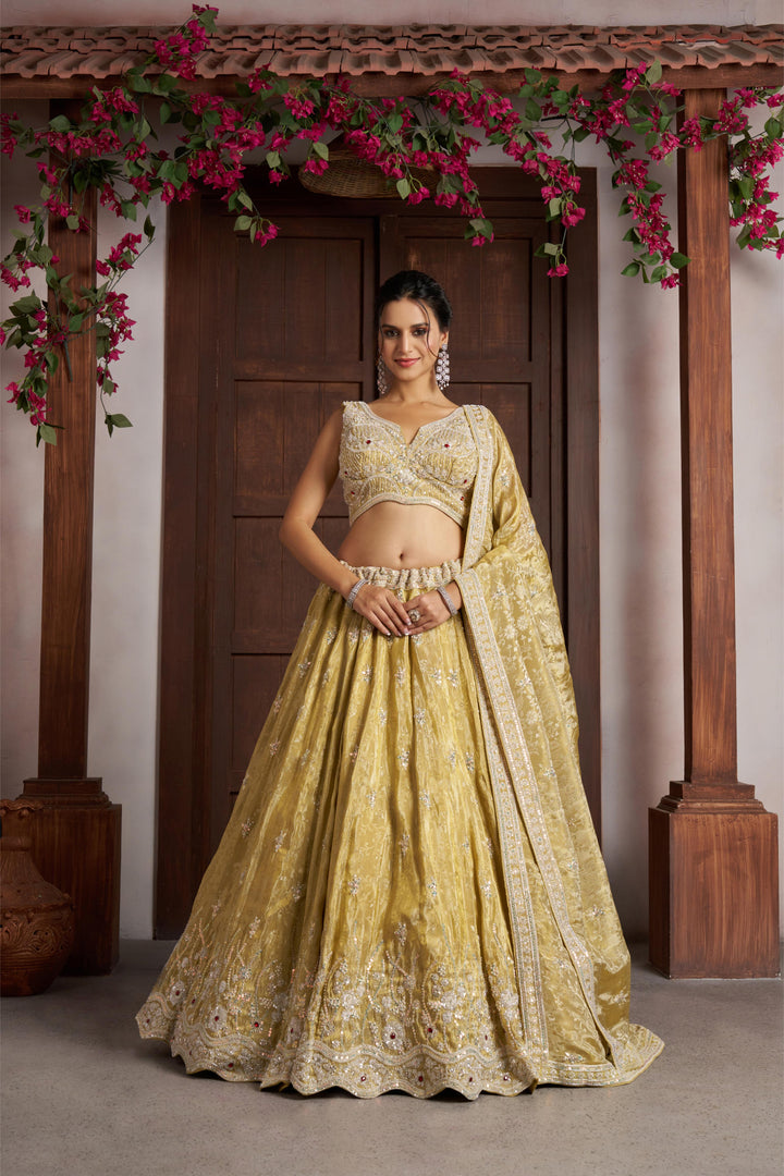 Radiant Haldi Special Lehenga in Banarasi Tissue Fabric | SHOBITAM
