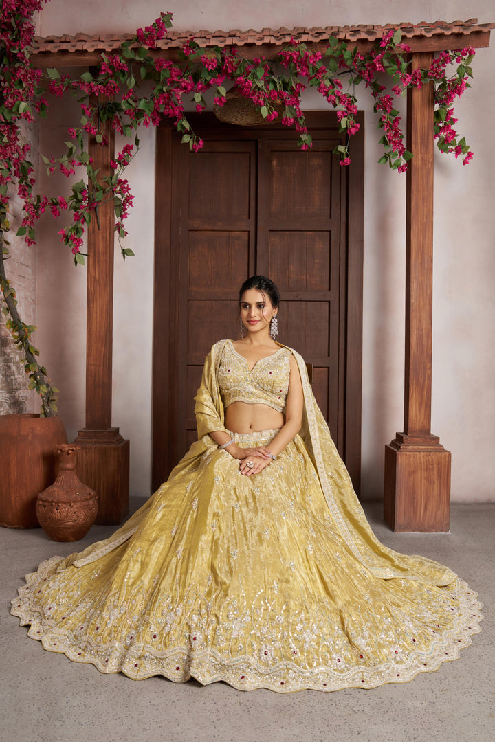 Radiant Haldi Special Lehenga in Banarasi Tissue Fabric | SHOBITAM