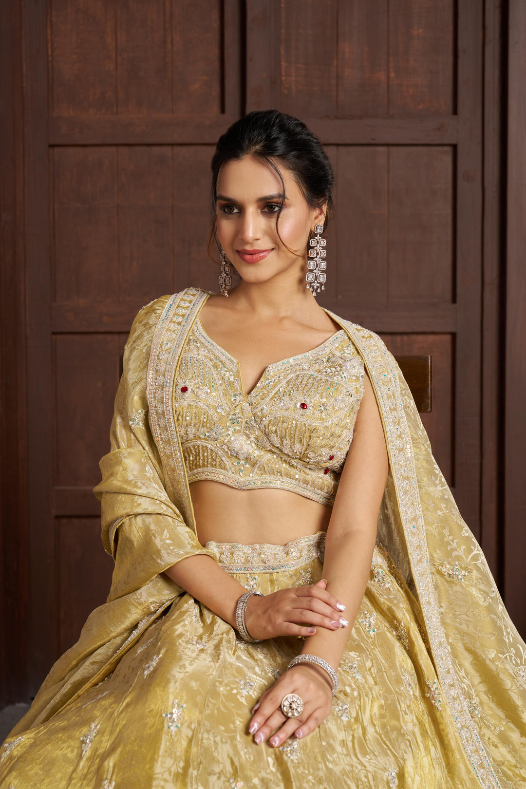 Radiant Haldi Special Lehenga in Banarasi Tissue Fabric | SHOBITAM