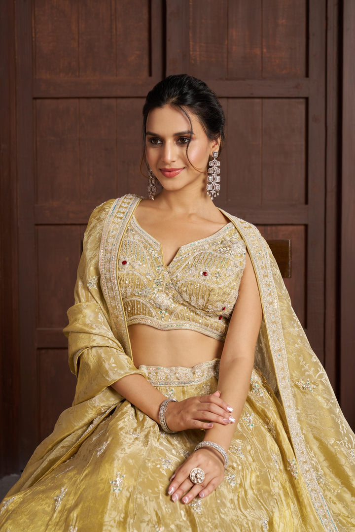 Radiant Haldi Special Lehenga in Banarasi Tissue Fabric | SHOBITAM