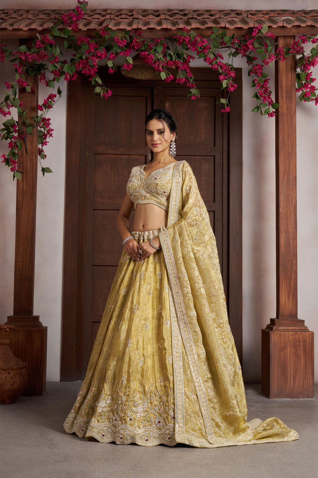Radiant Haldi Special Lehenga in Banarasi Tissue Fabric | SHOBITAM