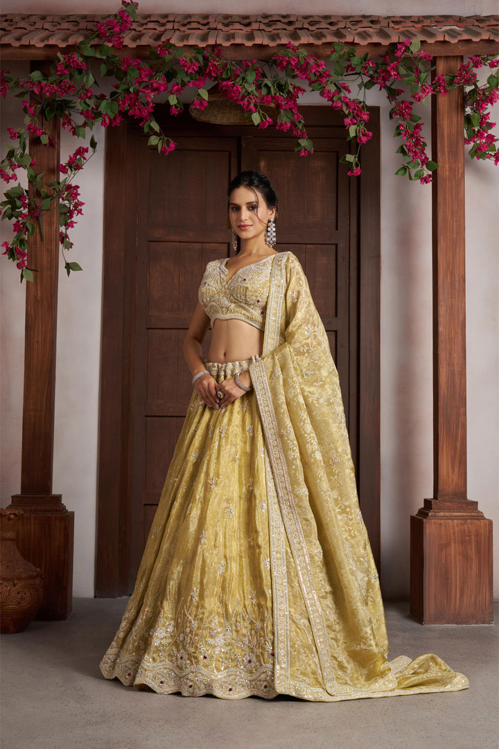 Radiant Haldi Special Lehenga in Banarasi Tissue Fabric | SHOBITAM