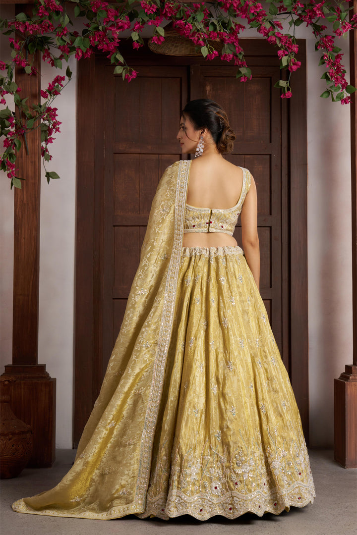 Radiant Haldi Special Lehenga in Banarasi Tissue Fabric | SHOBITAM