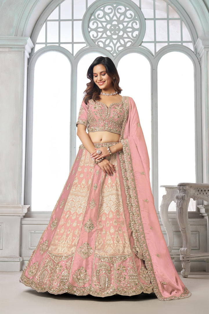 Designer Pink Raw Silk Lehenga with Intricate Embroidered Detailing | SHOBITAM
