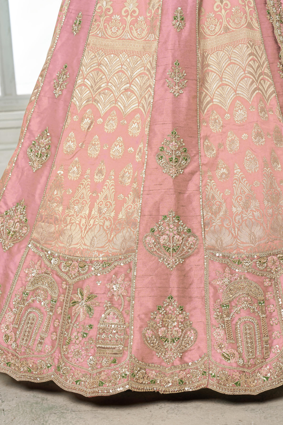 Designer Pink Raw Silk Lehenga with Intricate Embroidered Detailing | SHOBITAM
