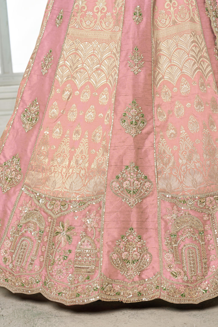Designer Pink Raw Silk Lehenga with Intricate Embroidered Detailing | SHOBITAM