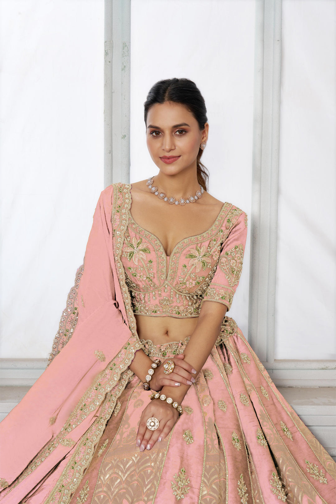 Designer Pink Raw Silk Lehenga with Intricate Embroidered Detailing | SHOBITAM