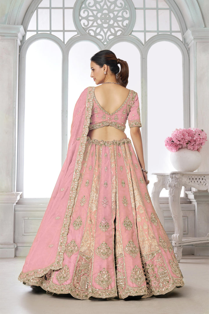 Designer Pink Raw Silk Lehenga with Intricate Embroidered Detailing | SHOBITAM