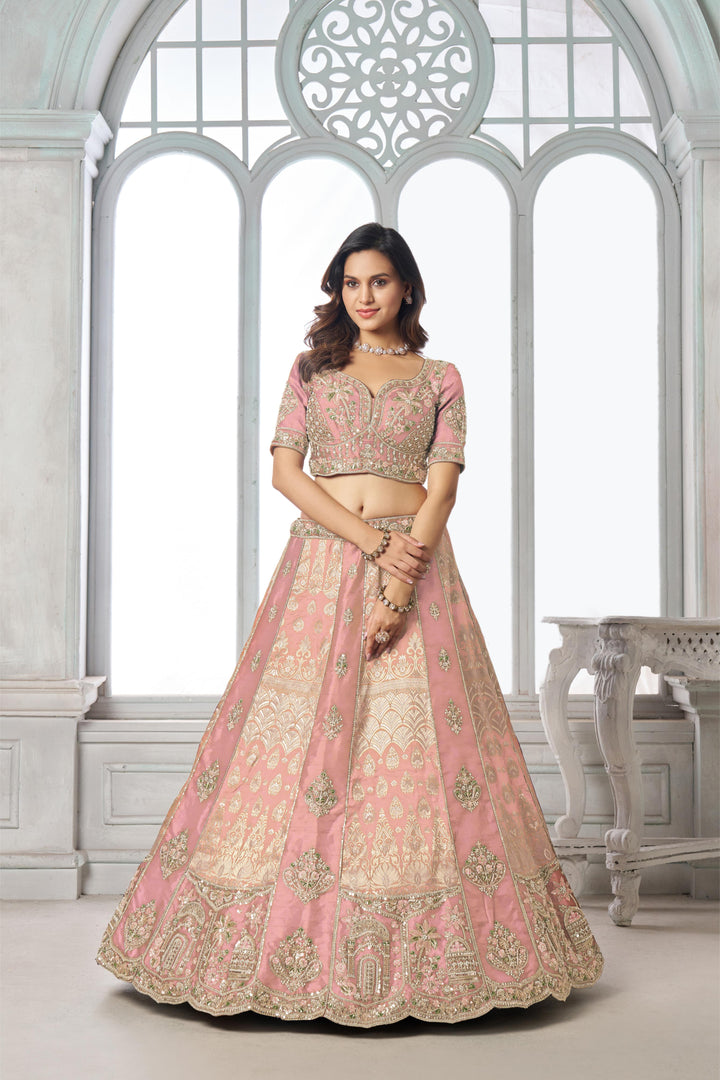 Designer Pink Raw Silk Lehenga with Intricate Embroidered Detailing | SHOBITAM