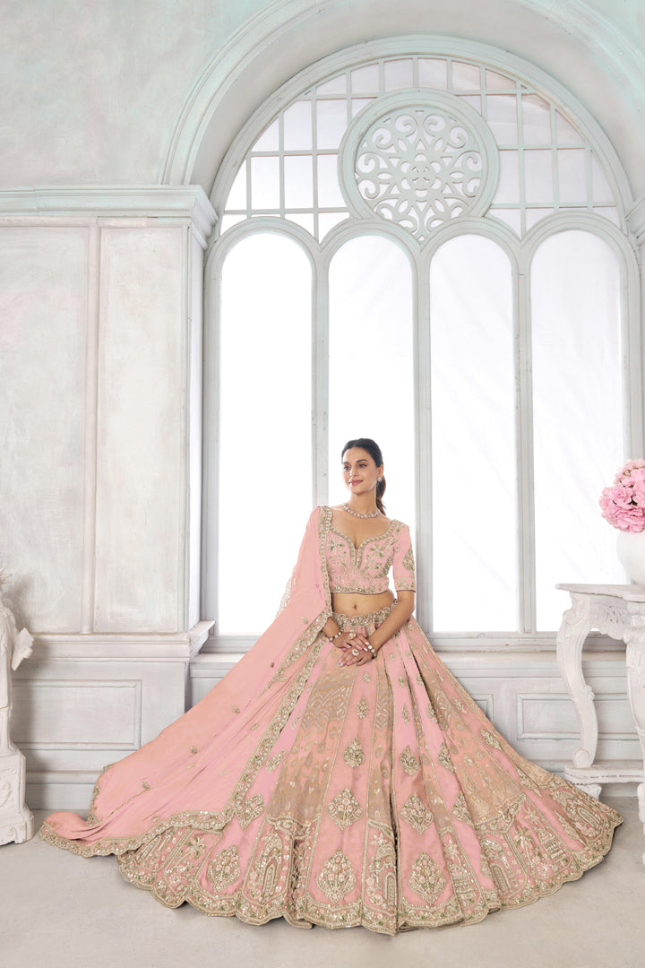 Designer Pink Raw Silk Lehenga with Intricate Embroidered Detailing | SHOBITAM