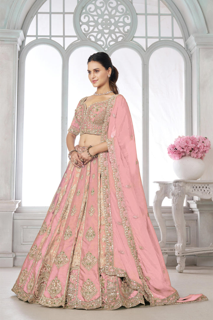 Designer Pink Raw Silk Lehenga with Intricate Embroidered Detailing | SHOBITAM