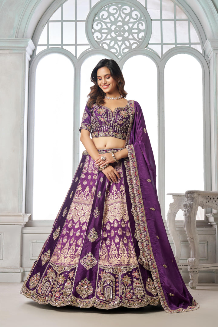 Imperial Purple Lehenga Featuring Rich Raw Silk and Handcrafted Embroidery | SHOBITAM