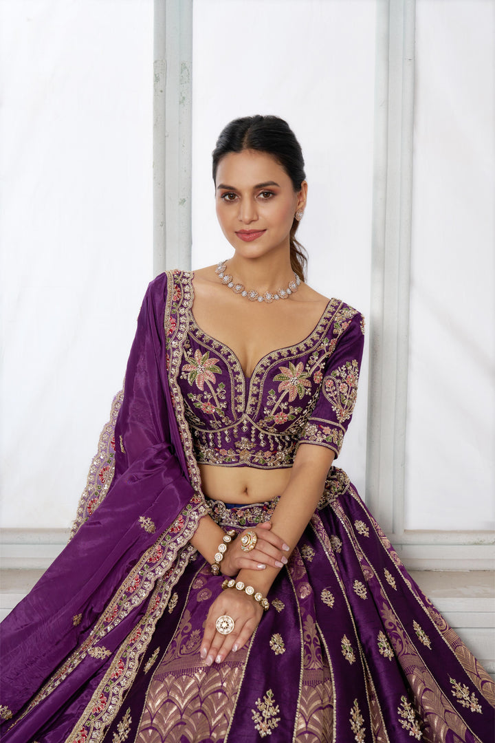 Imperial Purple Lehenga Featuring Rich Raw Silk and Handcrafted Embroidery | SHOBITAM