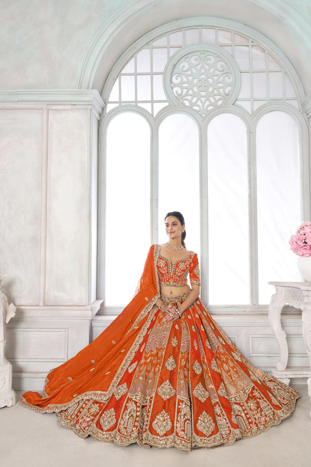 Elegant Rust Lehenga Featuring Rich Raw Silk and Artisan Craftsmanship | SHOBITAM