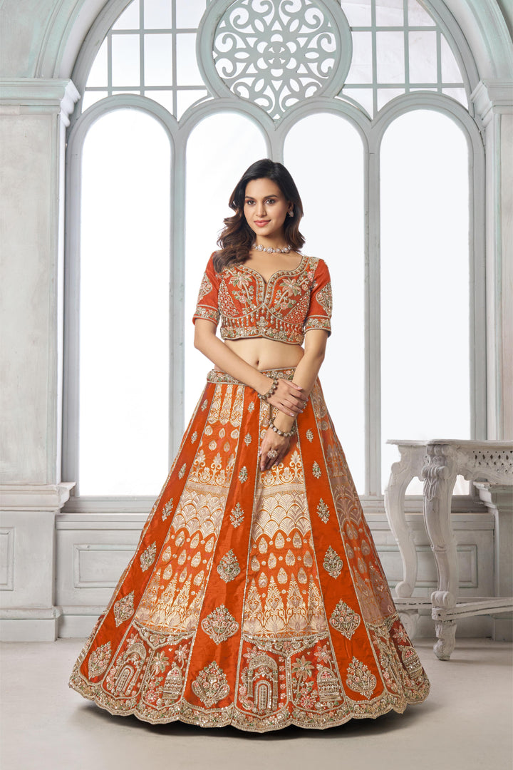 Elegant Rust Lehenga Featuring Rich Raw Silk and Artisan Craftsmanship | SHOBITAM