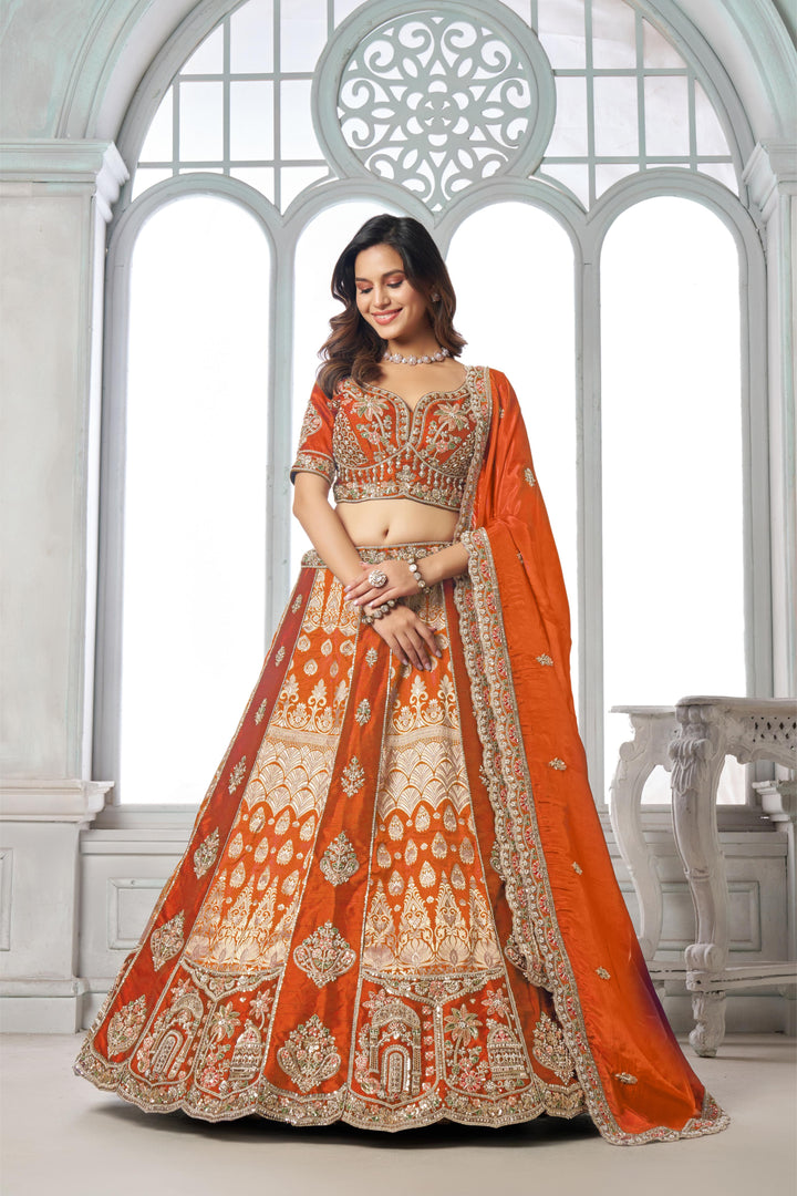 Elegant Rust Lehenga Featuring Rich Raw Silk and Artisan Craftsmanship | SHOBITAM