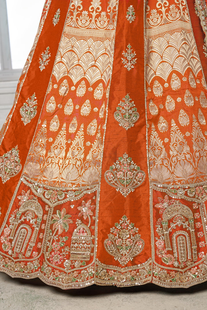 Elegant Rust Lehenga Featuring Rich Raw Silk and Artisan Craftsmanship | SHOBITAM
