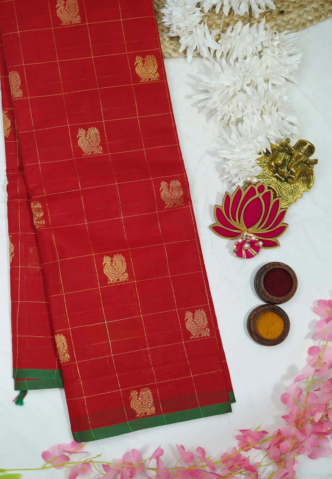 Semi Silk Chilli Red Saree with Zari buttas | SHOBITAM