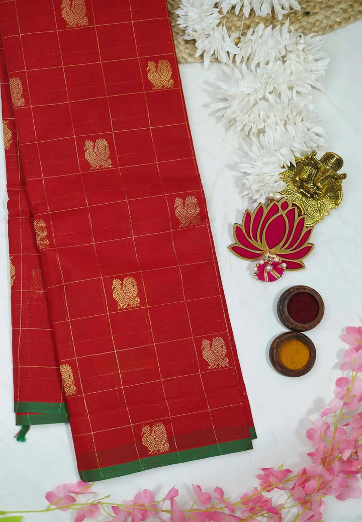 Semi Silk Chilli Red Saree with Zari buttas | SHOBITAM
