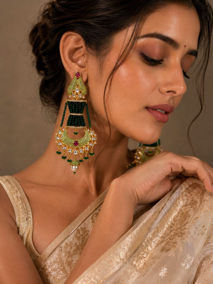 Green Kundan Chandbali Earrings – Wedding Wear | SHOBITAM