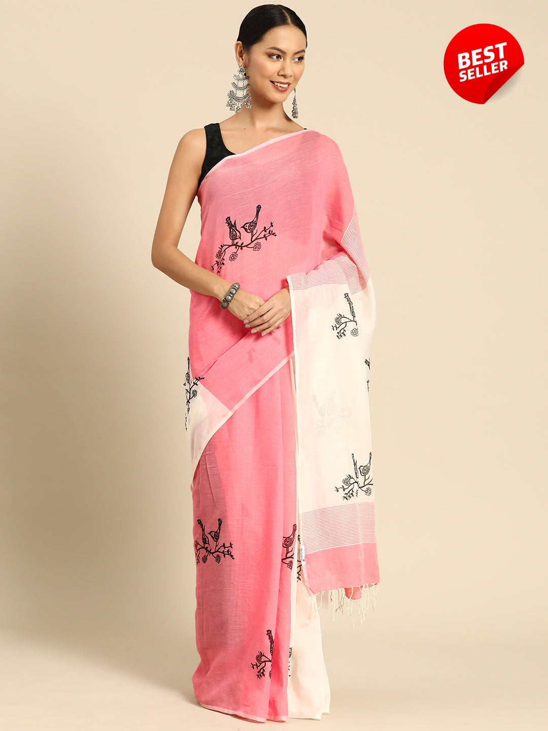Handloom Coral Pink Saree | SHOBITAM