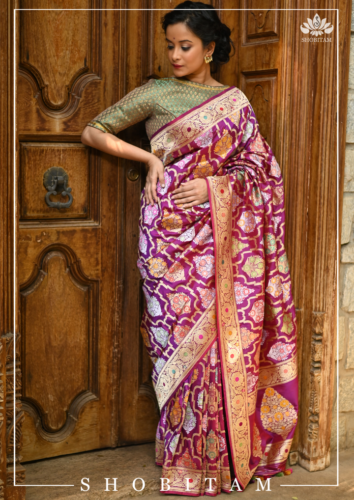 Authentic Kadhuwa Jungla Multi-color Meenakari Jaal Banarasi Silk Saree in Plum with Grand Pallu and Zari  | SILK MARK CERTIFIED