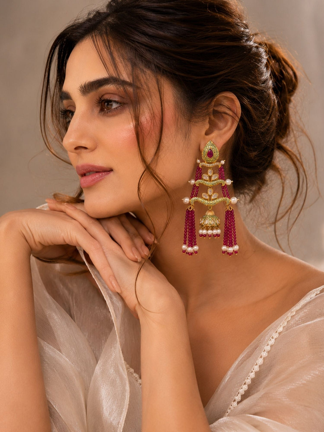 Royal Pink Beaded Jhumka Tassel Earrings – Traditional Kundan Statement Earrings | SHOBITAM