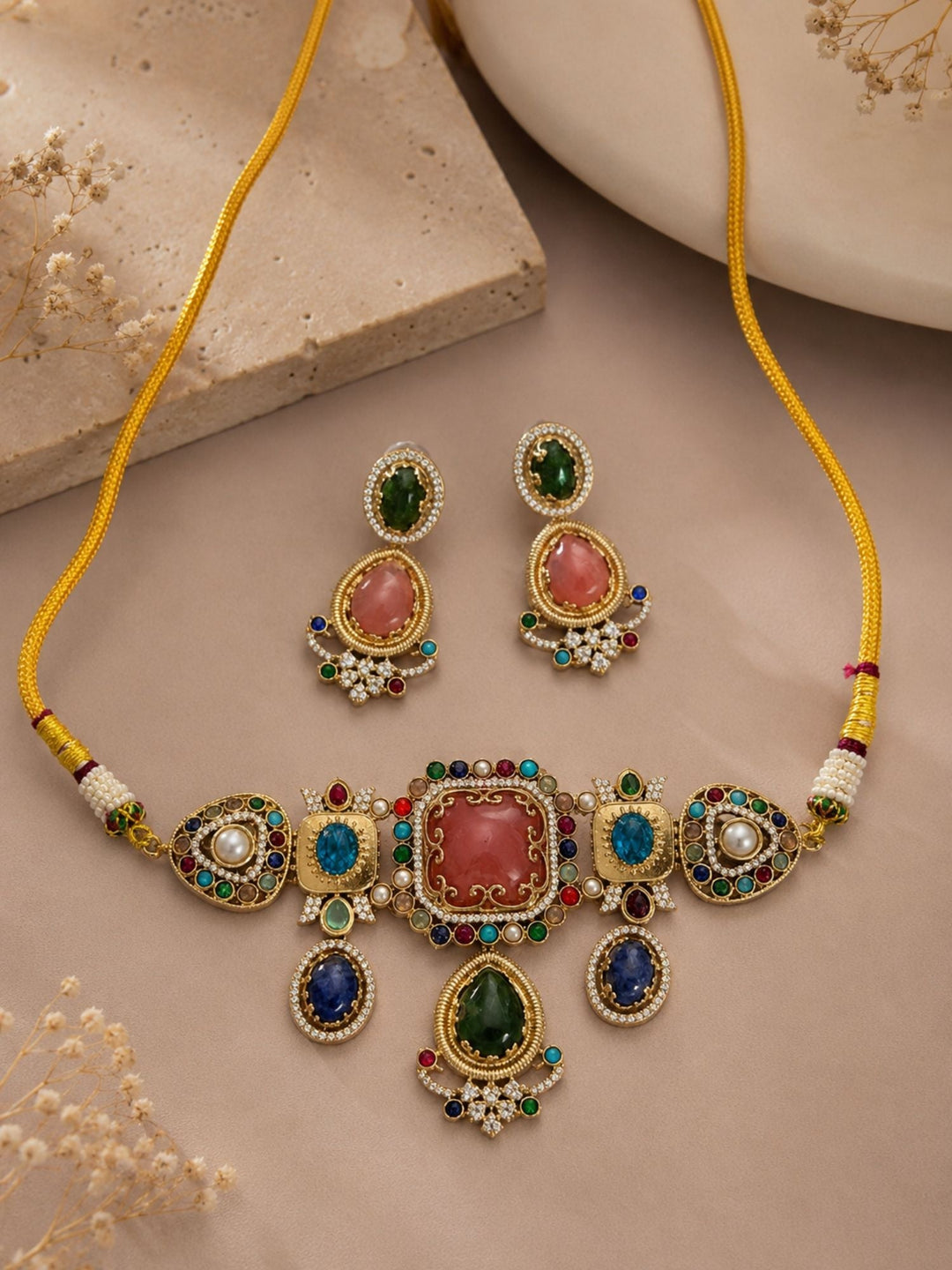 Royal Polki Multicolor Statement Gemstone Choker Set | SHOBITAM