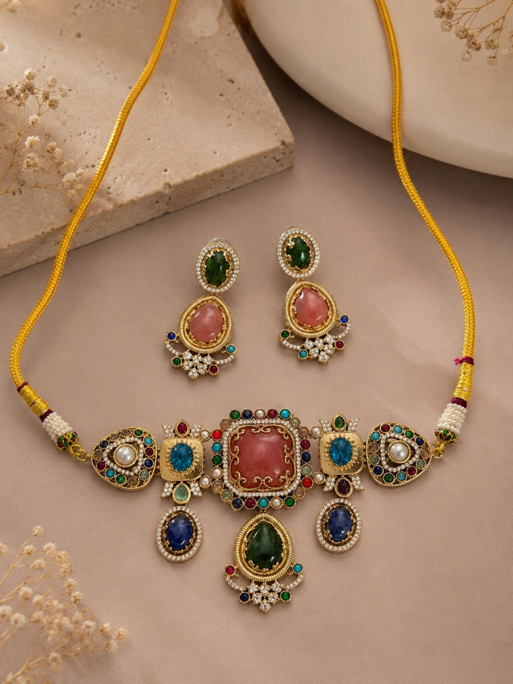 Royal Polki Multicolor Statement Gemstone Choker Set | SHOBITAM