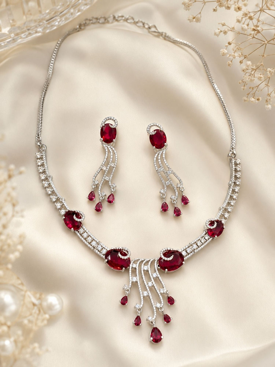 Silver Tone Cz Ruby Emerald and American Diamond Necklace Set | SHOBITAM
