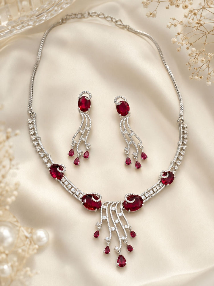 Silver Tone Cz Ruby Emerald and American Diamond Necklace Set | SHOBITAM