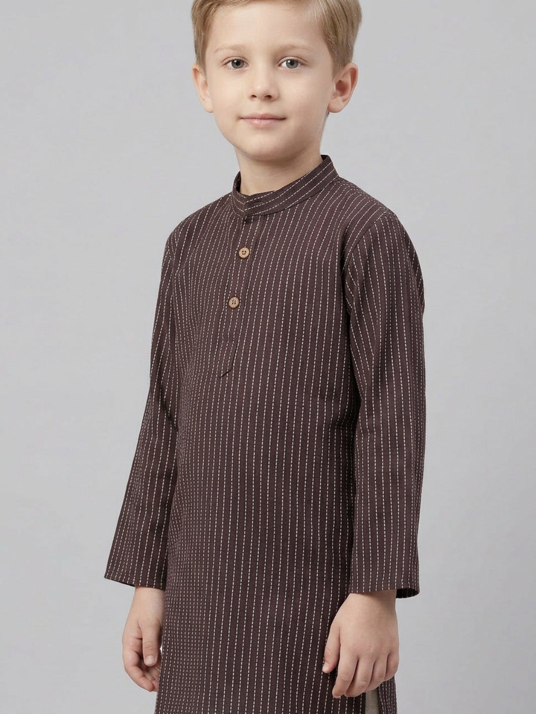 Boys Brown Striped Cotton Kurta Set | SHOBITAM