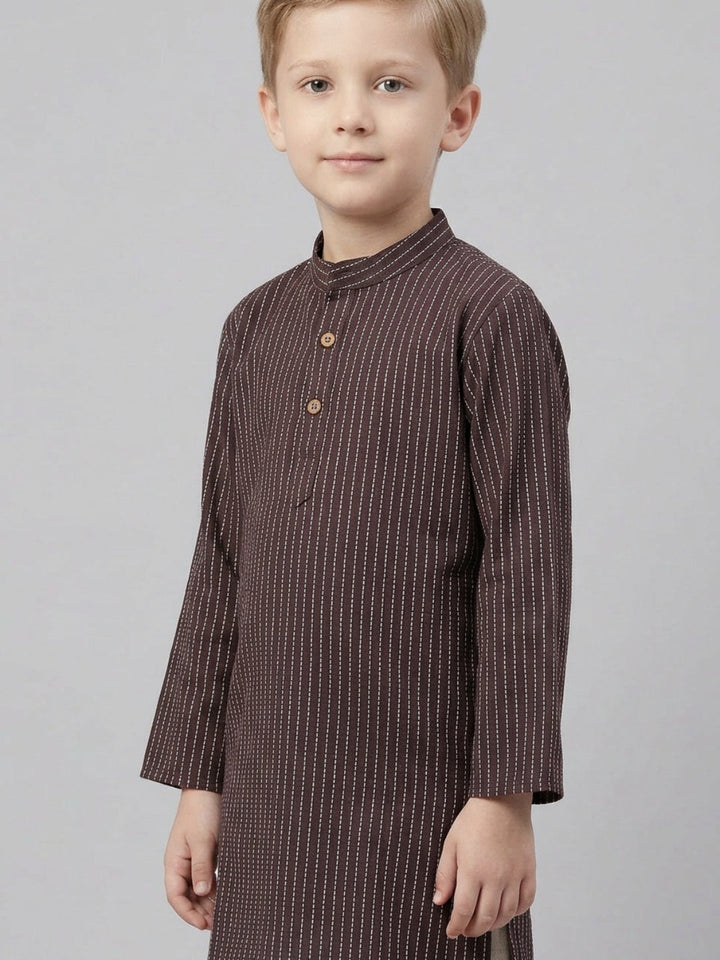 Boys Brown Striped Cotton Kurta Set | SHOBITAM