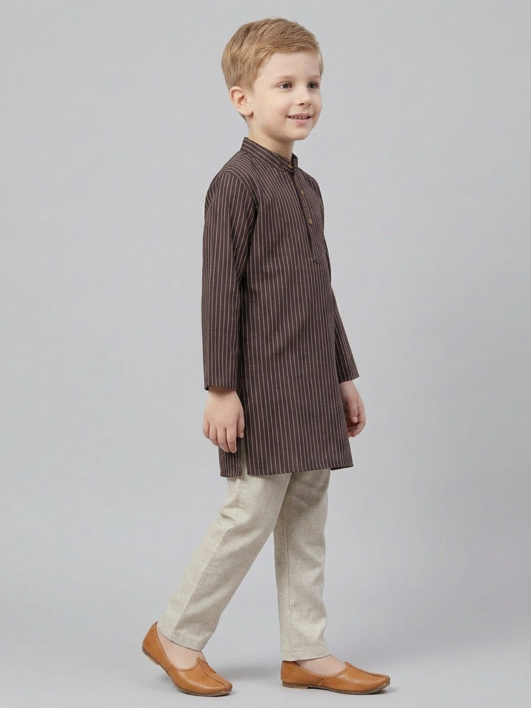 Boys Brown Striped Cotton Kurta Set | SHOBITAM