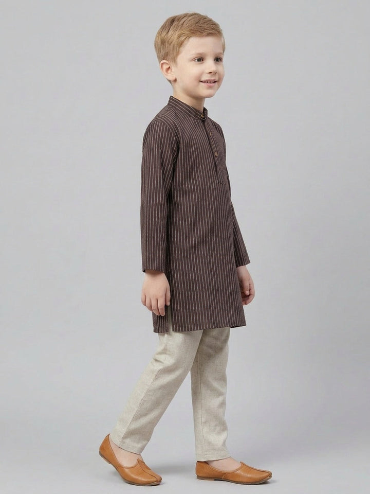Boys Brown Striped Cotton Kurta Set | SHOBITAM