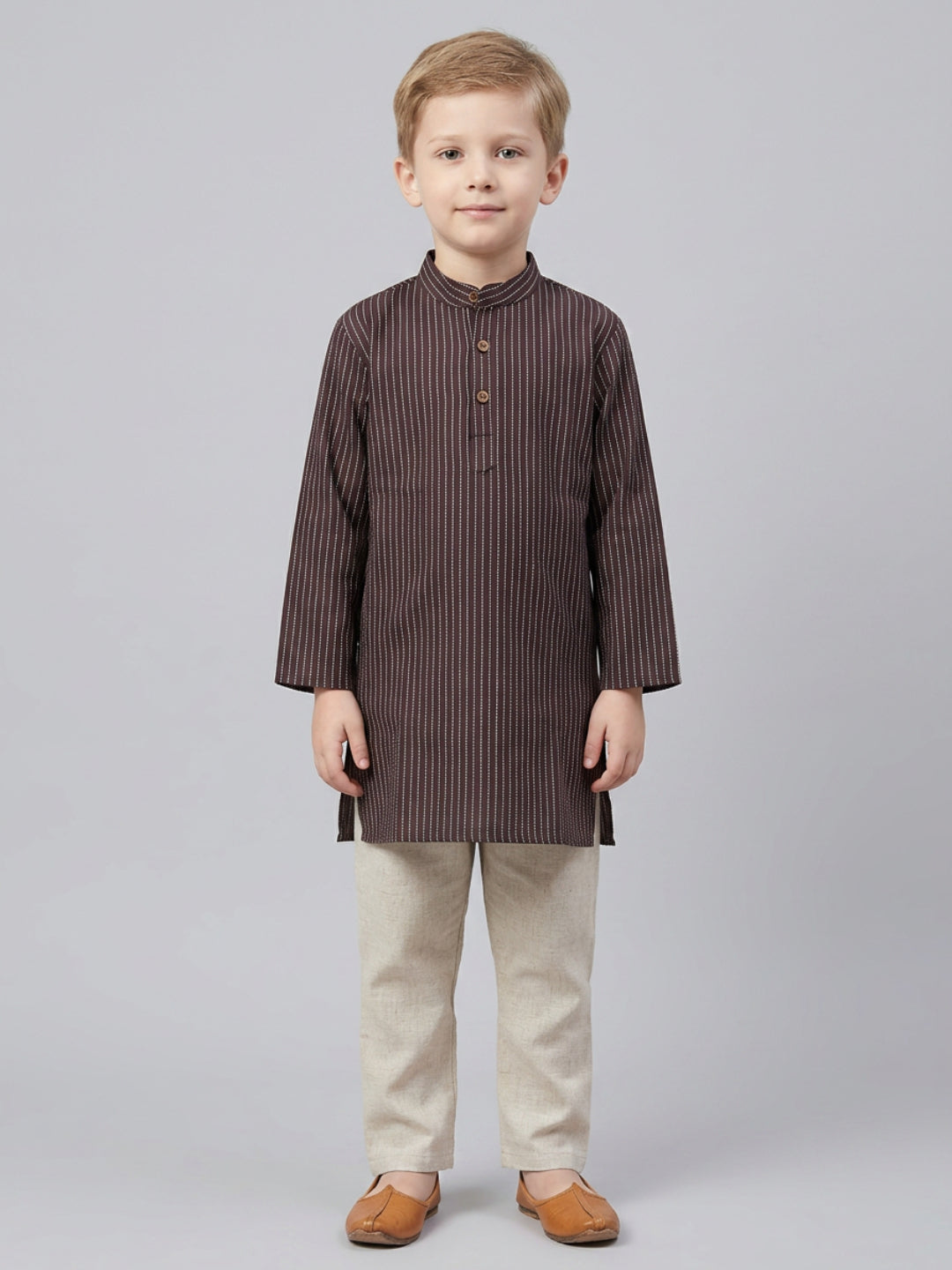 Boys Brown Striped Cotton Kurta Set | SHOBITAM