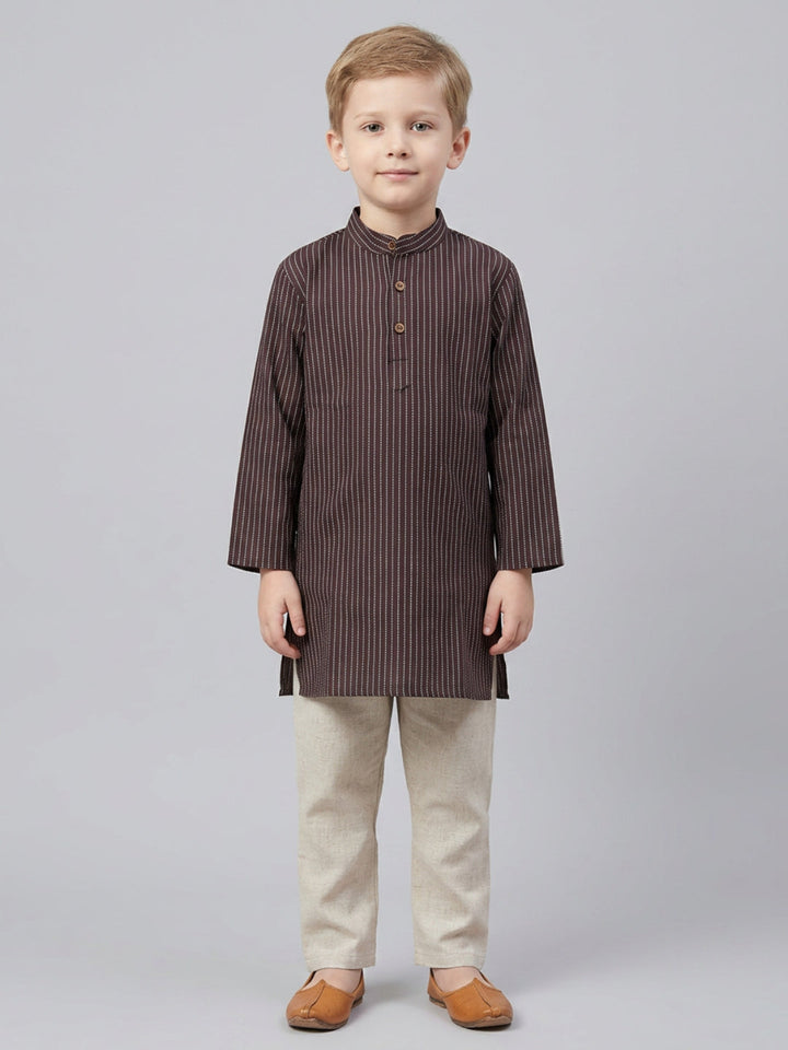 Boys Brown Striped Cotton Kurta Set | SHOBITAM