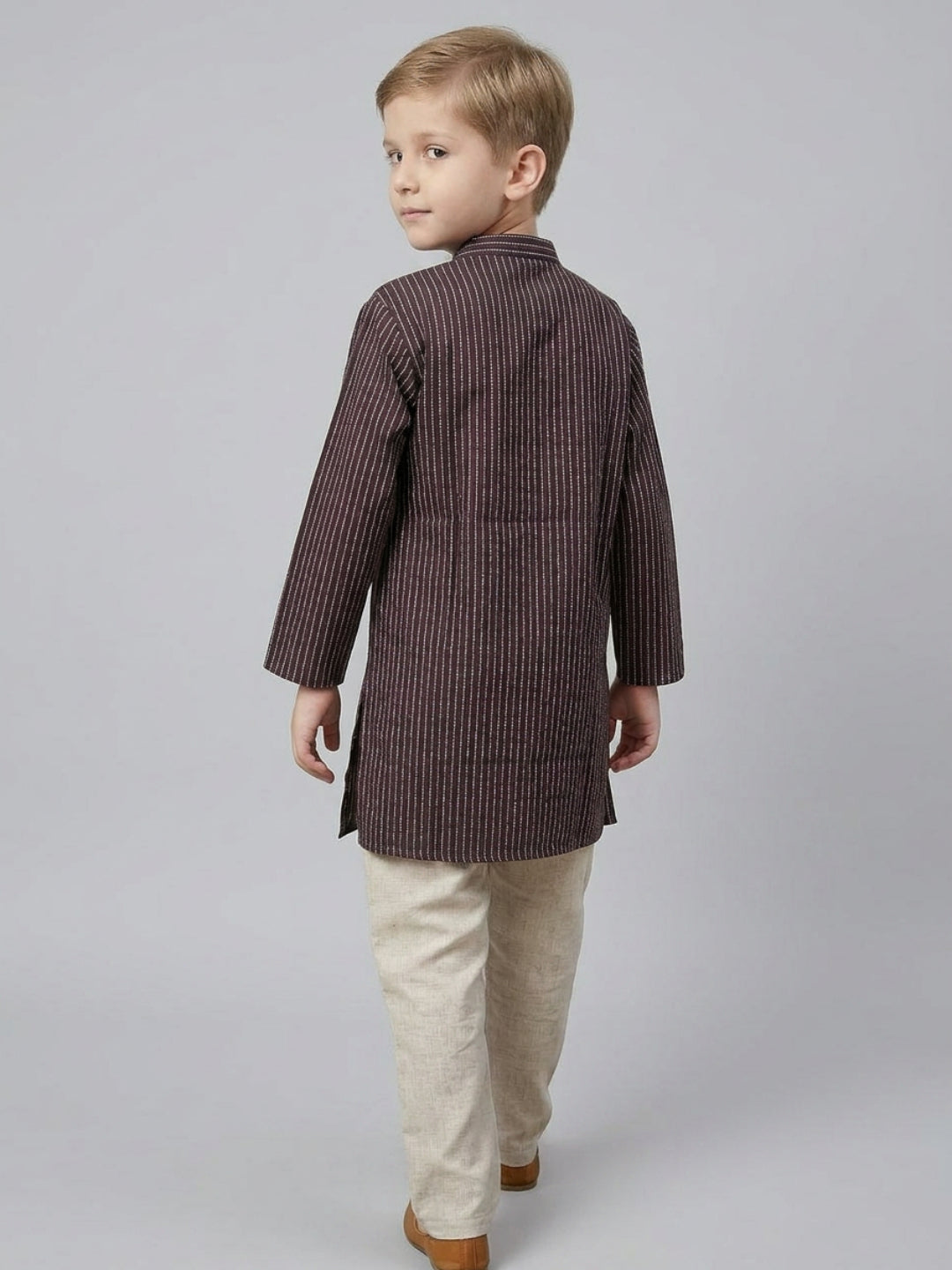 Boys Brown Striped Cotton Kurta Set | SHOBITAM