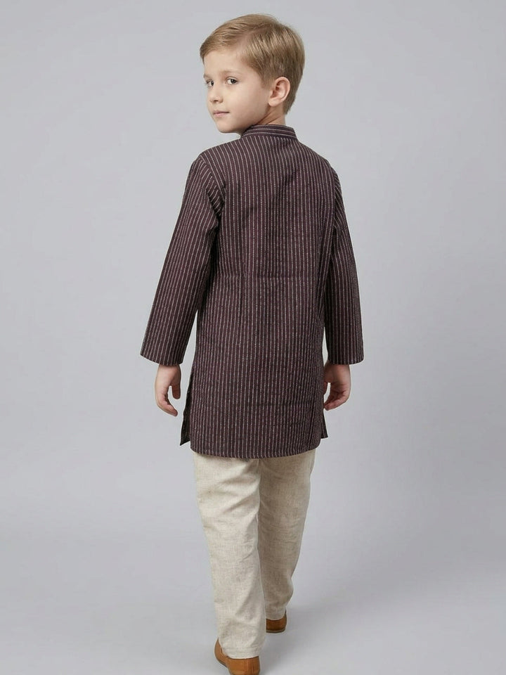 Boys Brown Striped Cotton Kurta Set | SHOBITAM