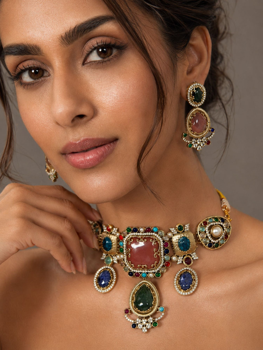 Royal Polki Multicolor Statement Gemstone Choker Set | SHOBITAM