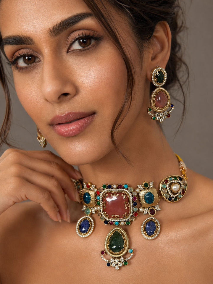 Royal Polki Multicolor Statement Gemstone Choker Set | SHOBITAM