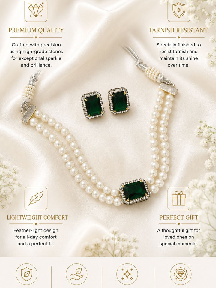 Minimal Oxidised Gold Emerald Pearl Choker Set | SHOBITAM