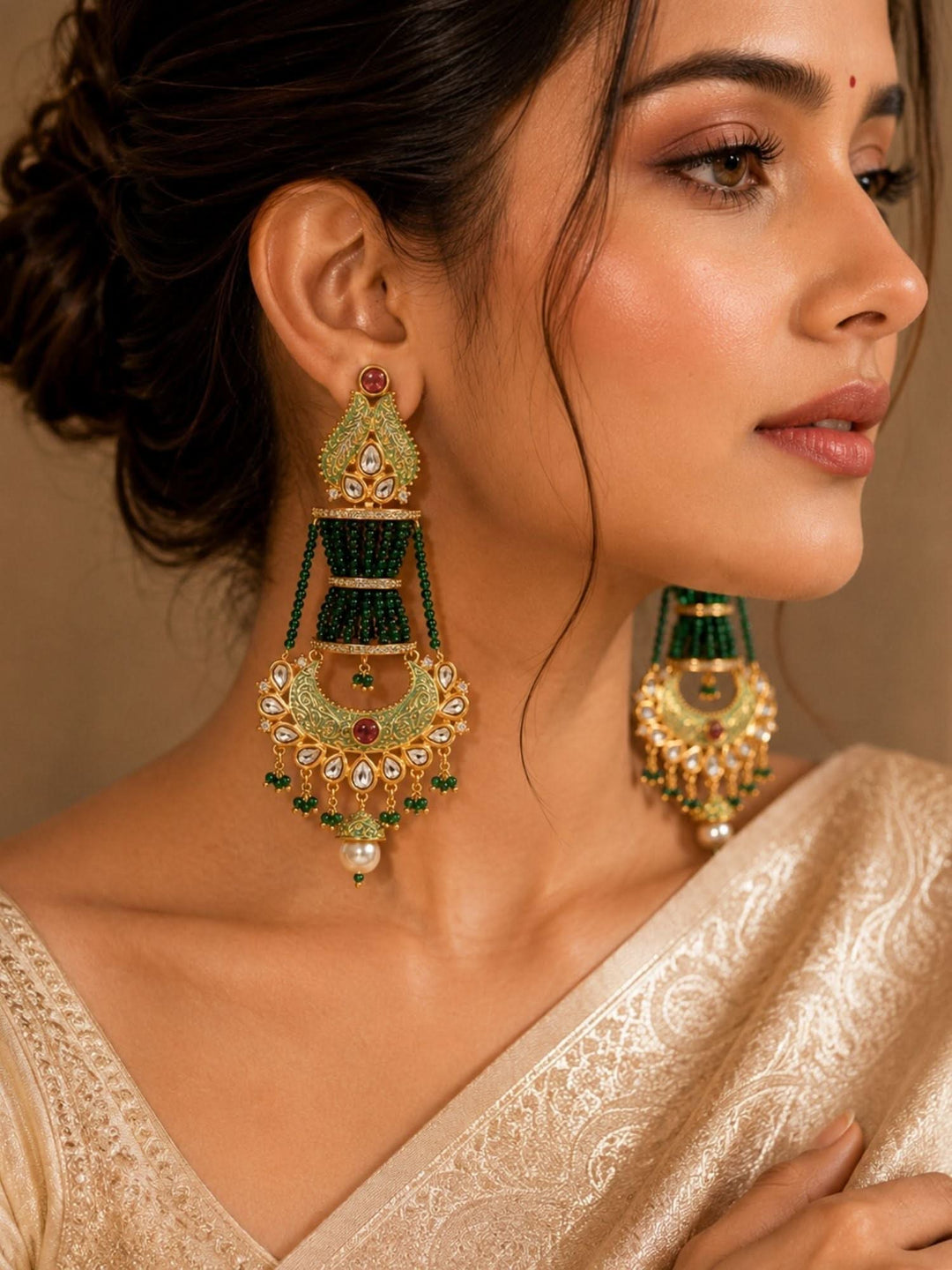 Green Kundan Chandbali Earrings – Wedding Wear | SHOBITAM
