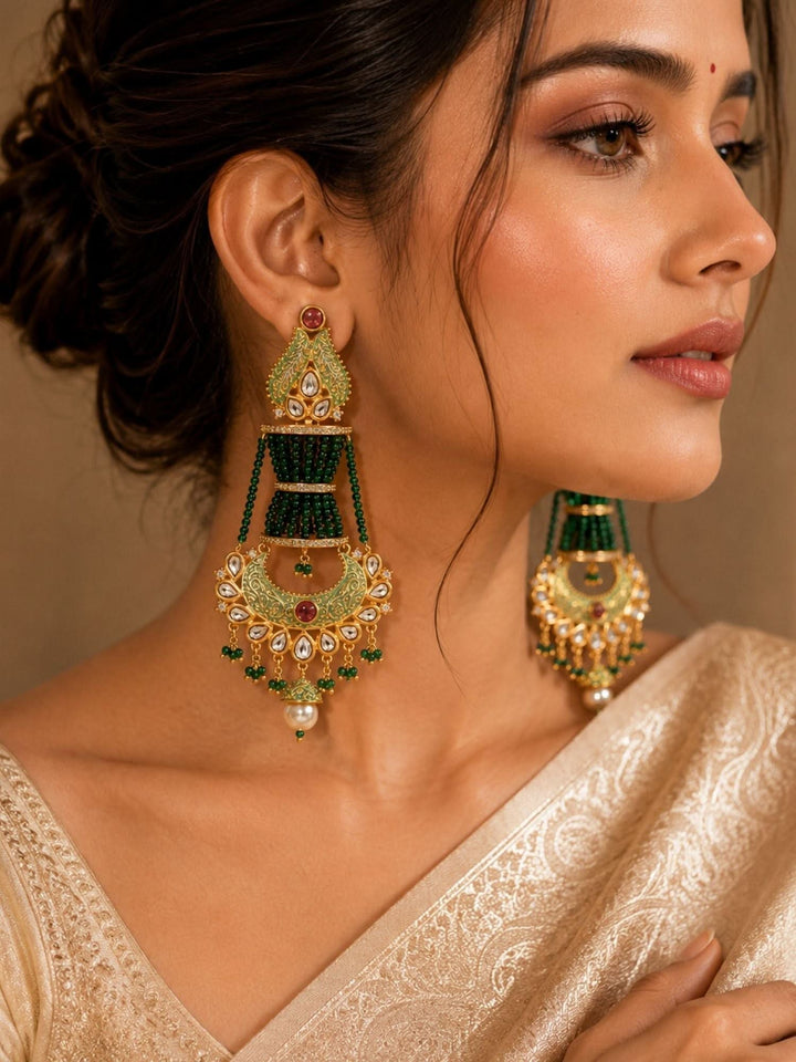 Green Kundan Chandbali Earrings – Wedding Wear | SHOBITAM