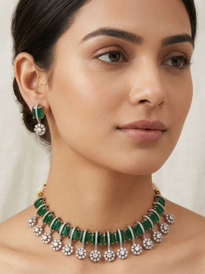 Victorian Emerald Green Necklace Set with Earrings | SHOBITAM