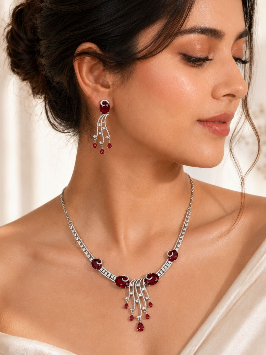 Silver Tone Cz Ruby Emerald and American Diamond Necklace Set | SHOBITAM